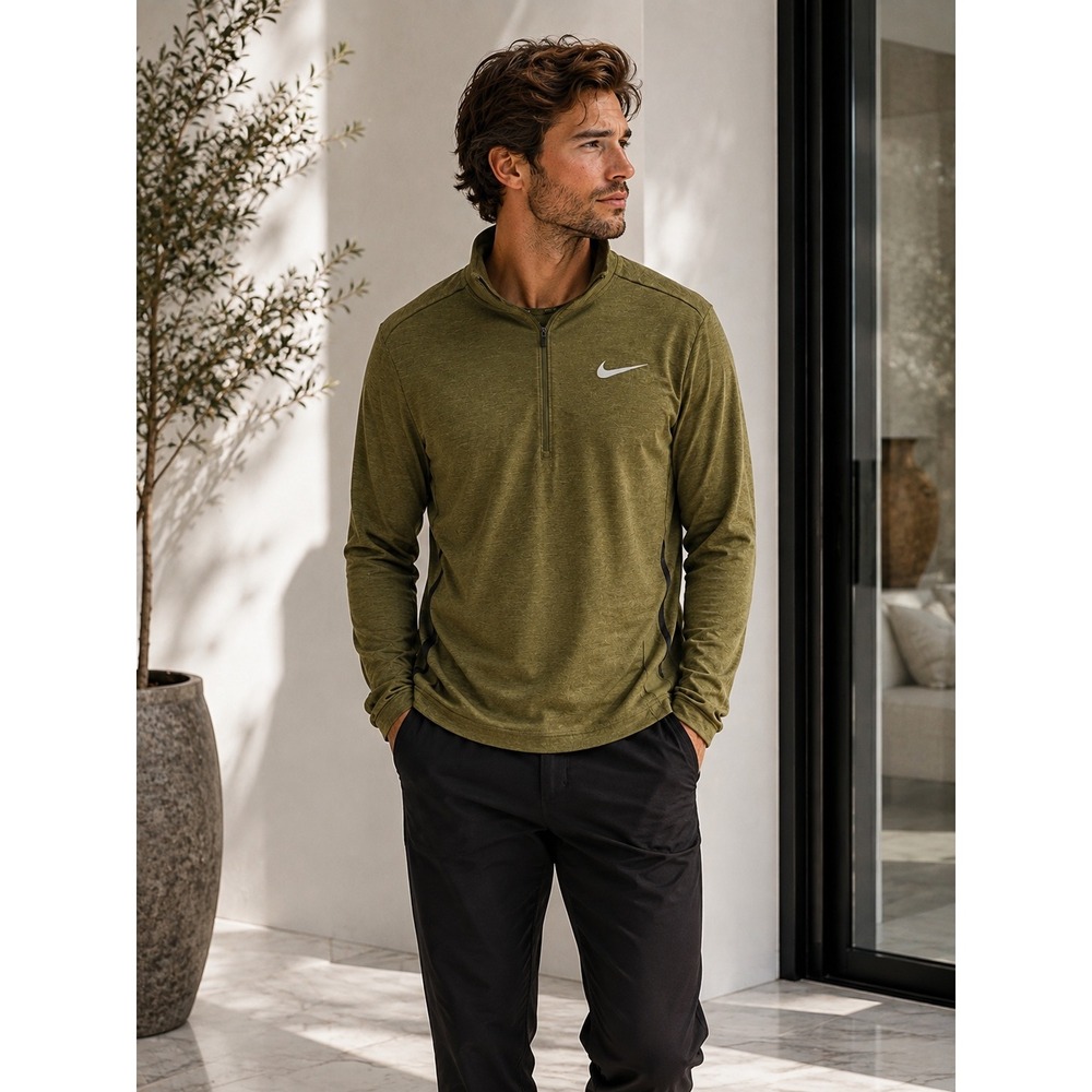 Nike Running Dri-FIT 1/4 Zip Pullover Olive Green Mens XL Thumbholes Side Zip